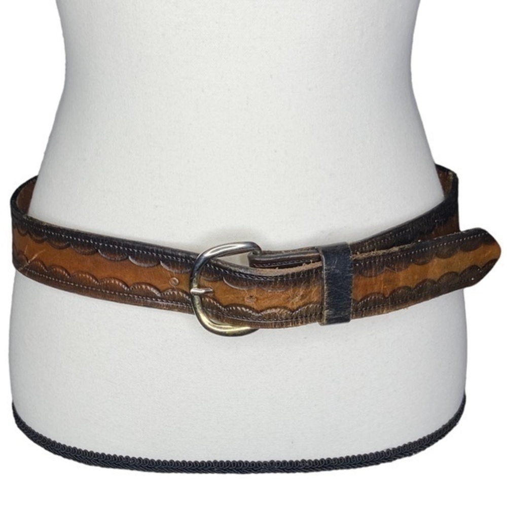 Hand Tooled Leather Belt Size 34 Two Toned Brown Western Scalloped Embossing